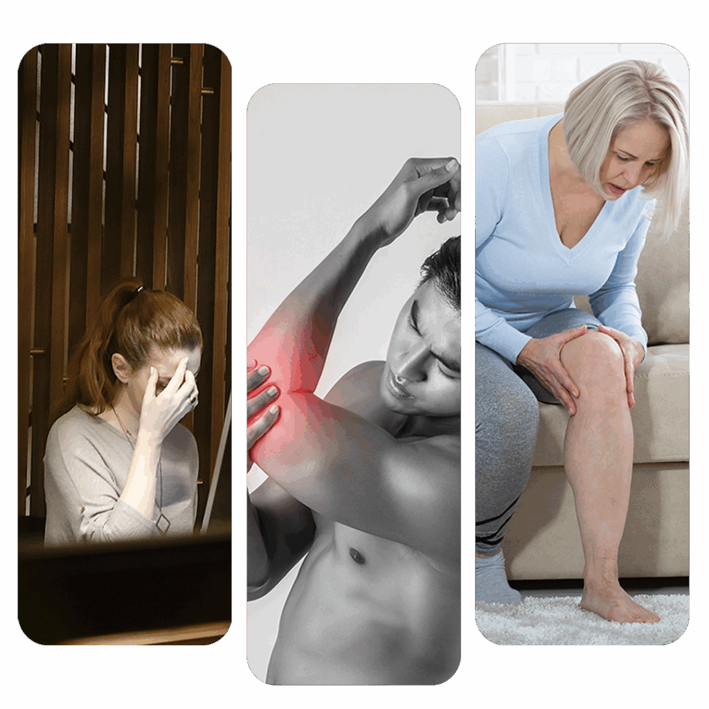 people having headache pain, arm pain and knee pain